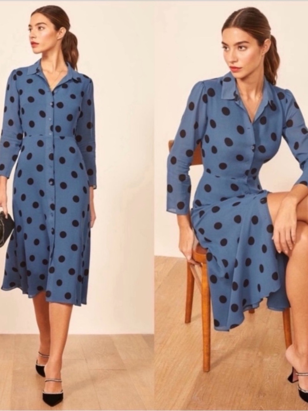 Reformation Blue Midi Dress with Black Polka Dots